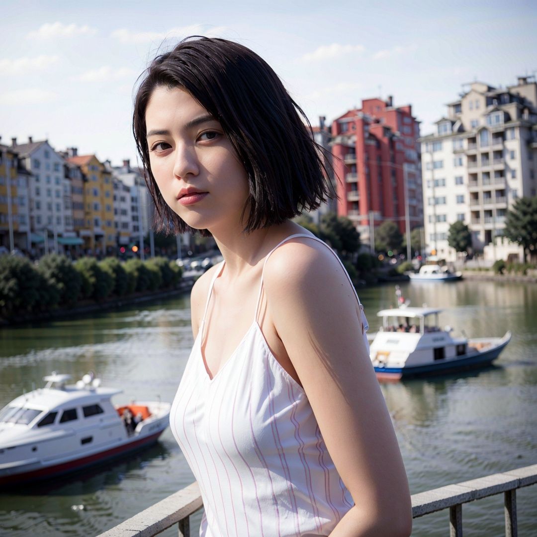 Ayaka Miyoshi,a woman posing on the street corner with light orange high-neck dress on, best quality, 1girl, (gigantic breasts), day, bright, blur background, bokeh, outdoor, (street:0.8), (people, crowds:1), (lace-trimmed dress:1.5, sleeveless dress, high-neck dress:1.5, orange dress: 1.5), gorgeous, (floating hair, bangs, hair up:1.5), beautiful detailed sky, (beautiful earrings), (dynamic pose:1), (full body:1.2), soft lighting, wind, shiny skin
