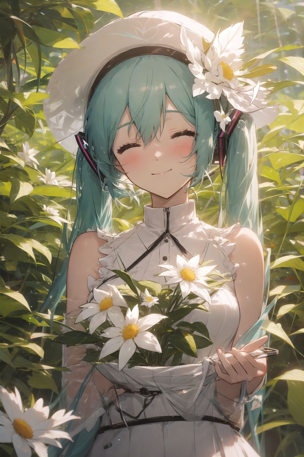 kahuka1, 1girl, solo, long hair, hatsune miku, dress, flower, hat, white dress, closed eyes, holding hat, holding, hat removed, smile, upper body, white flower, leaf, holding clothes, sun hat, headwear removed, bare shoulders, very long hair, aqua hair, twintails, closed mouth, facing viewer, bangs <lora:kahuka-pynoise:1>
