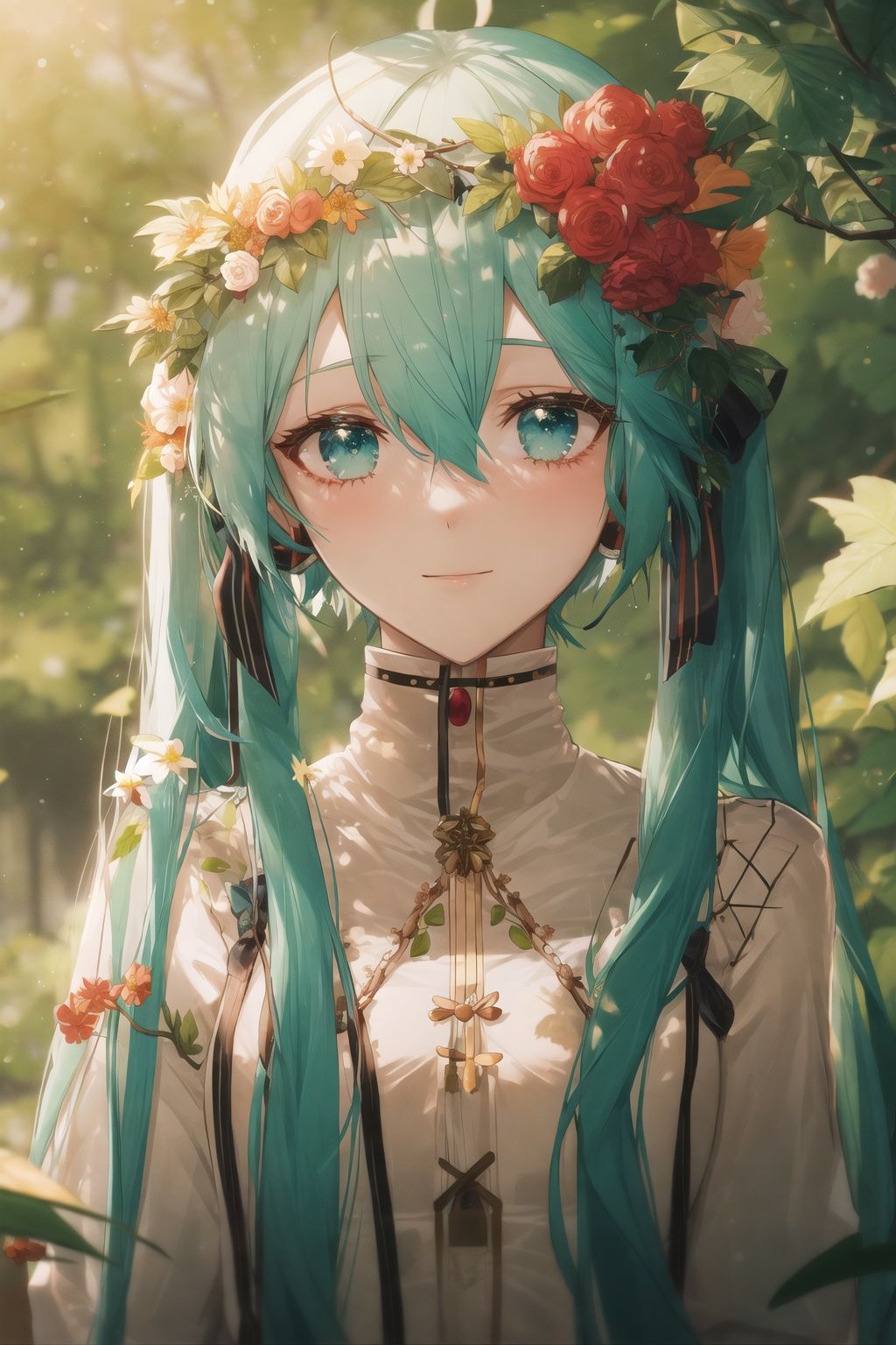 kahuka1, 1girl, solo, flower, long hair, red flower, looking at viewer, hair flower, hatsune miku, hair ornament, branch, blurry, upper body, hair between eyes, leaf, aqua hair, rose, aqua eyes, bangs, head wreath<lora:kahuka-pynoise:1>