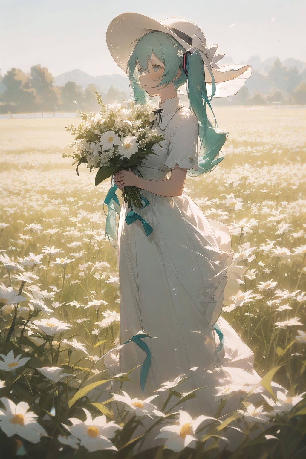 kahuka1, 1girl, flower, dress, solo, hat, white dress, long hair, bouquet, white flower, holding, outdoors, field, white headwear, flower field, holding bouquet, skirt hold, standing, sun hat, ribbon, holding flower, hatsune miku, bow, aqua hair <lora:kahuka-pynoise:1>