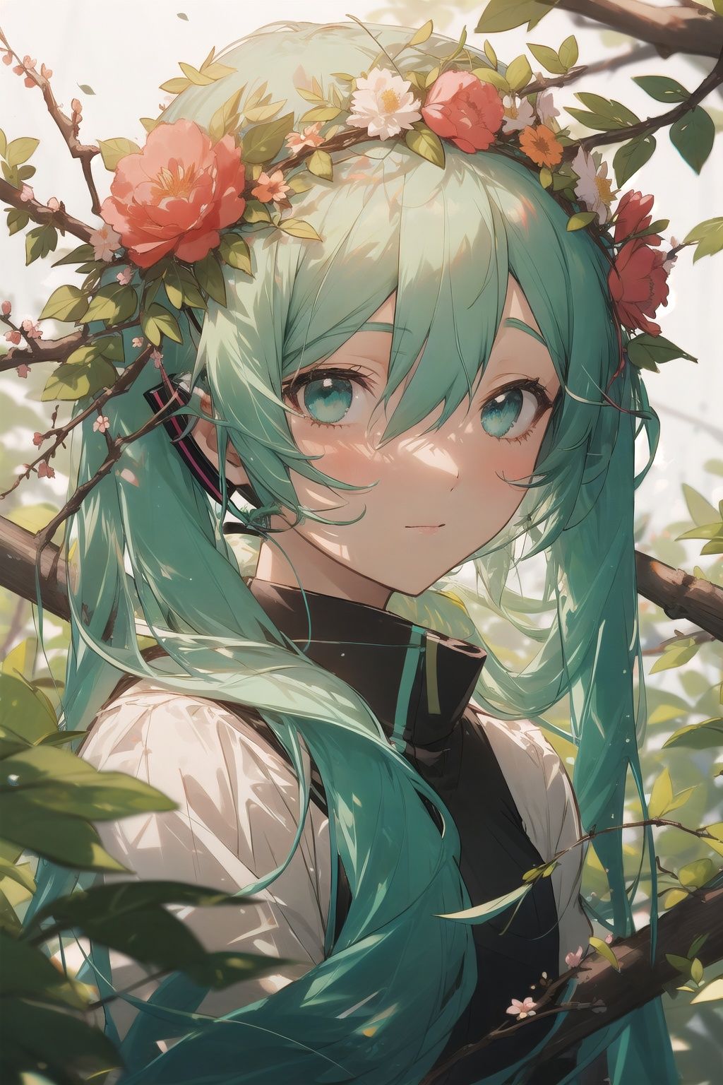 kahuka1, 1girl, solo, flower, long hair, red flower, looking at viewer, hair flower, hatsune miku, hair ornament, branch, blurry, upper body, hair between eyes, leaf, aqua hair, rose, aqua eyes, bangs, head wreath<lora:kahuka-pynoise:1>