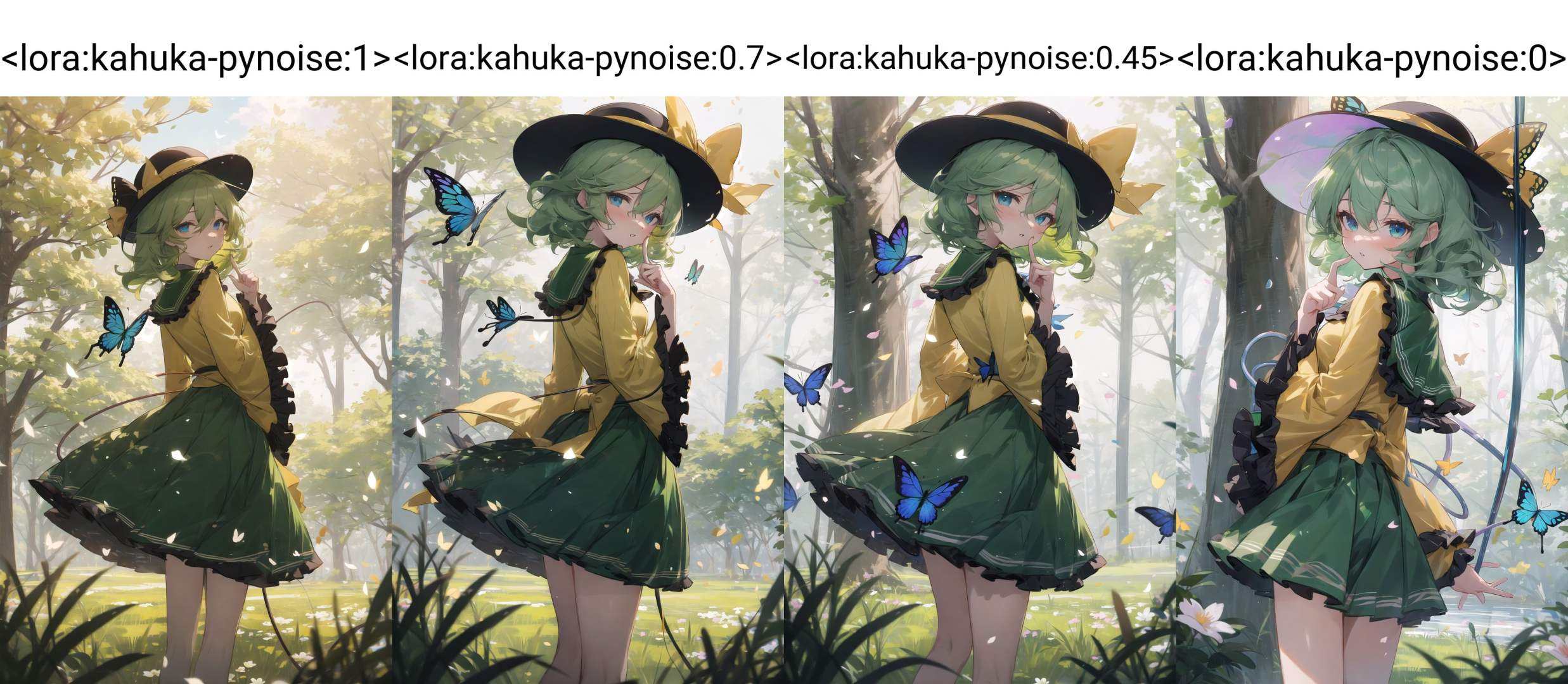 kahuka1, komeiji koishi, solo, bug, hat, butterfly, yellow shirt, green skirt, long sleeves, black headwear, looking at viewer, third eye, green hair, bow, shirt, looking back, skirt, hat bow, long hair, index finger raised, parted lips, yellow bow, finger to mouth, wide sleeves, bangs, frilled sleeves, outdoors, from behind, light rays, frills, flower, sunlight, grass, hand up, blue butterfly, green eyes, blue eyes, ribbon, frilled shirt collar, light particles, petals, hair between eyes, nature, medium hair, hat ribbon, standing, black bow, tree <lora:kahuka-pynoise:1>
