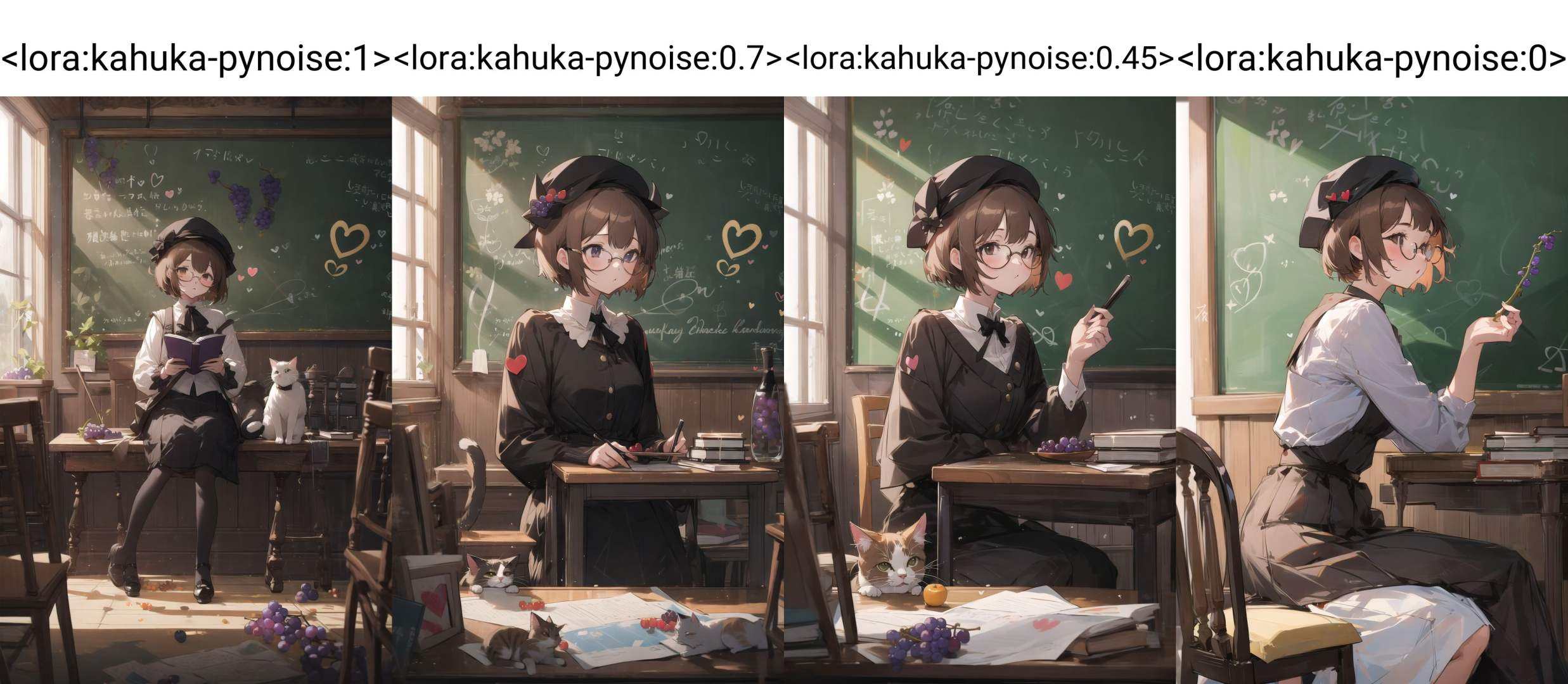 kahuka1,glasses, book, 1girl, hat, short hair, sitting, fruit, brown hair, heart, grapes, food, indoors, cat, chalkboard <lora:kahuka-pynoise:1>
