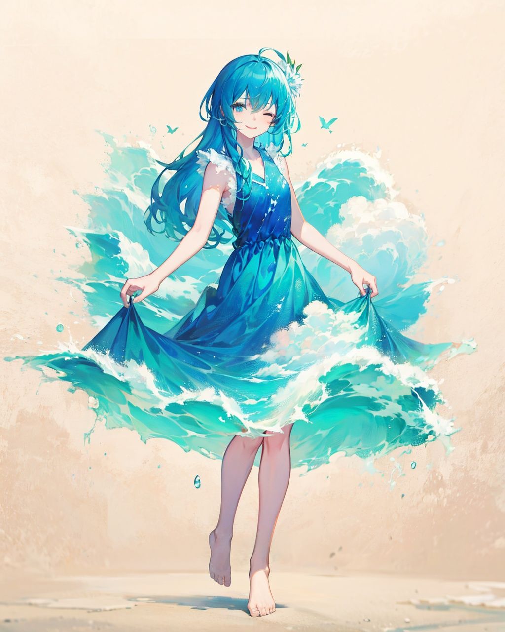 liquid clothes, 1girl, solo, long hair, dress, barefoot, blue hair, one eye closed, blue eyes, cloud, very long hair, sky print, blue dress, standing, sleeveless, looking at viewer, smile,  <lora:LiquidClothesV1:1>,