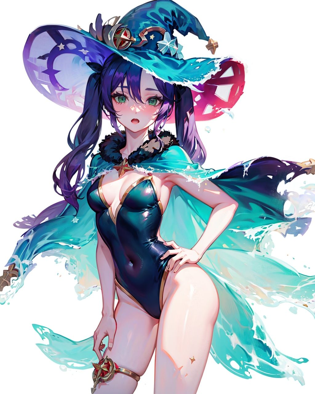 liquid clothes, 1girl, mona (genshin impact), breasts, solo, twintails, hat, witch hat, long hair, open mouth, looking at viewer, full body, medium breasts, cleavage, water, see-through, swimsuit, cape, black hair, covered navel, leotard, standing, hand on hip, fur trim, hand on own chest, purple hair, white background, thigh strap, bare legs, hair between eyes, blush, bangs, very long hair, thighs, fur collar, alternate costume, simple background, one-piece swimsuit, green eyes, thighlet,  <lora:LiquidClothesV1:1>,cowboy shot, 