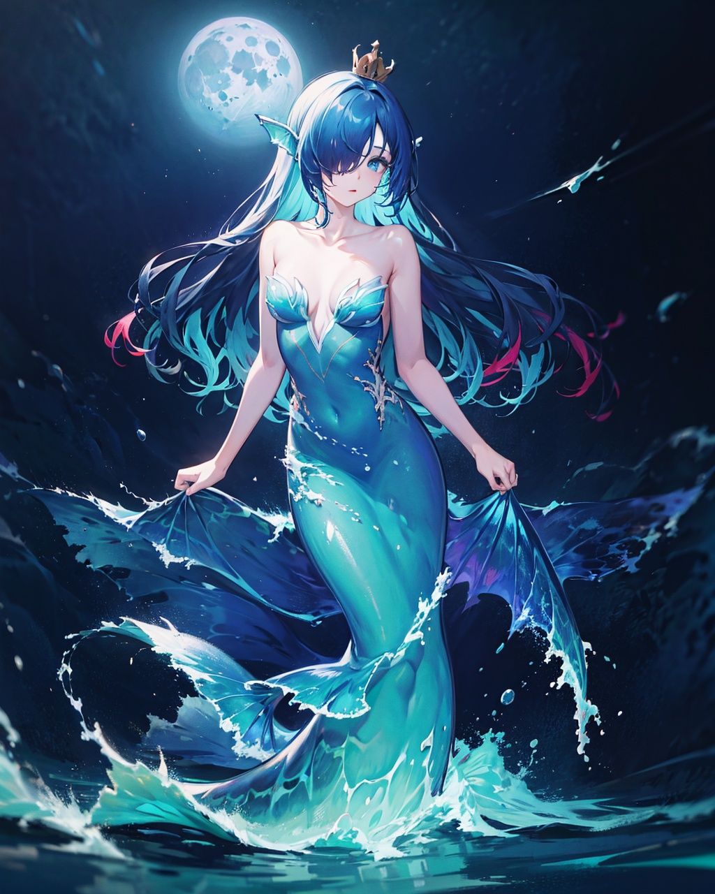 liquid clothes, 1girl, solo,  moon, ((mermaid)), blue eyes, dress, blue hair, long hair, water, blue dress, full moon, bare shoulders, liquid hair, looking at viewer, blue theme,  night, sky, collarbone, crown, full body, very long hair, monster girl, breasts, night sky, personification, strapless, strapless dress, mermaid, hair over one eye, waves, multicolored hair, standing, <lora:LiquidClothesV1:1>