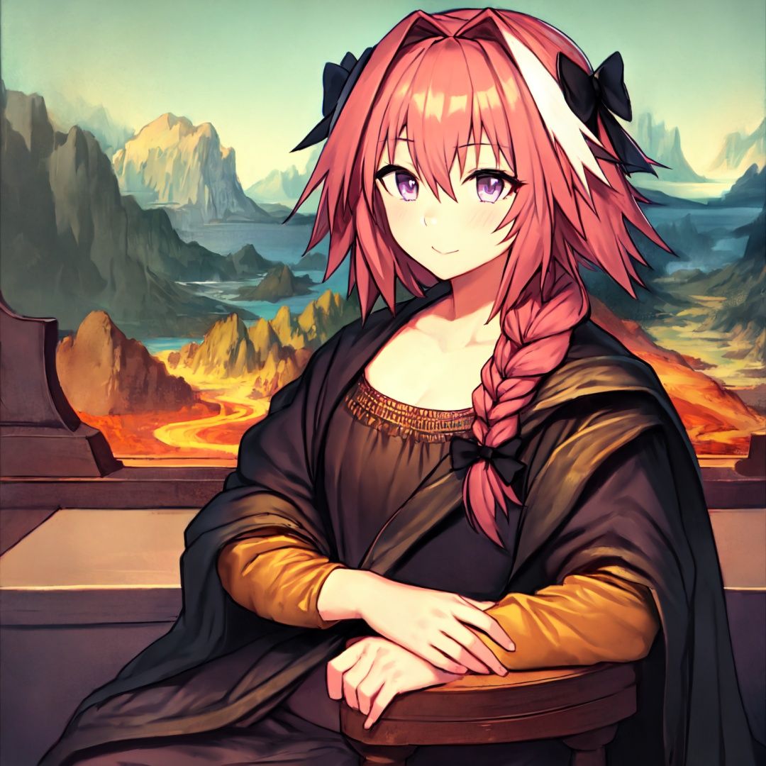 a\(Mona Lisa\), 1girl, solo,Astolfo, black skirt, long braid, braid, purple eyes, hair between eyes,