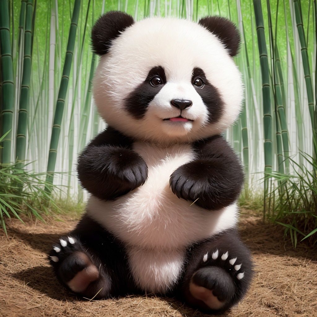 Create a heartwarming image of a playful panda cub, focusing on its round, expressive eyes, black-and-white fur pattern, and cuddly appearance. Use a natural bamboo forest setting and soft lighting for an enchanting scene.