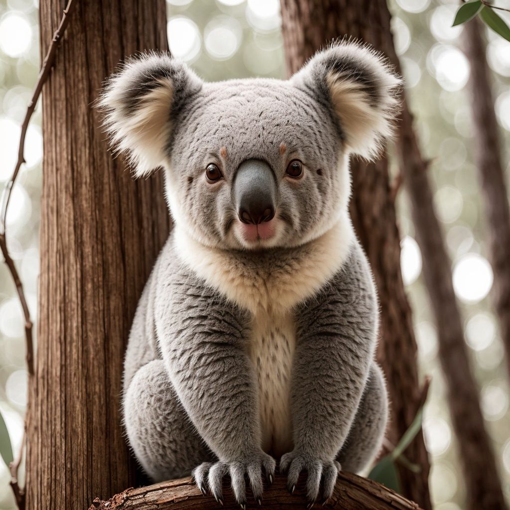 Design an endearing portrait of a koala perched on a eucalyptus tree, showcasing its round, fuzzy ears, gentle eyes, and cuddly appearance. Use natural lighting and a lush, green background to evoke a serene and calming atmosphere.