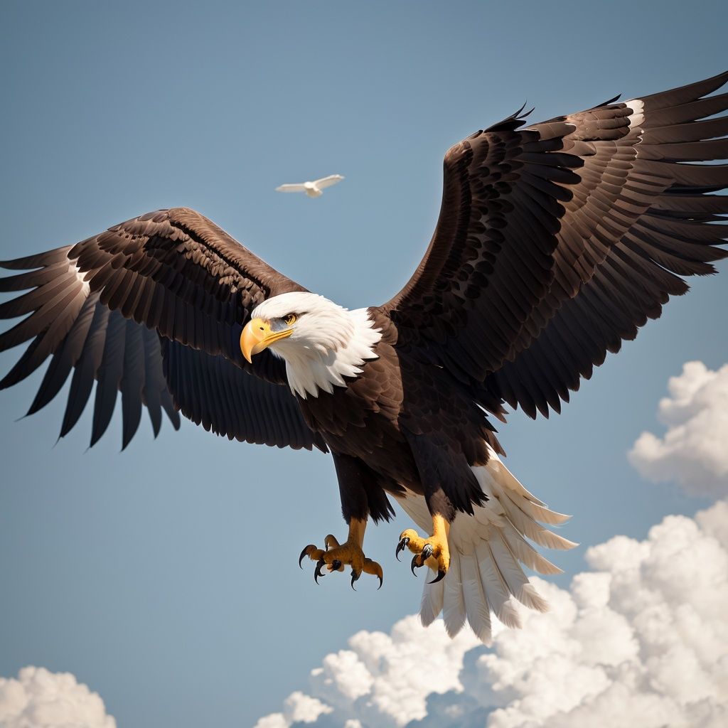 Depict the grace and strength of an eagle soaring through the sky, highlighting its sharp beak, intense gaze, and powerful wingspan. Use dynamic lighting and a wide-angle perspective for an immersive scene.
