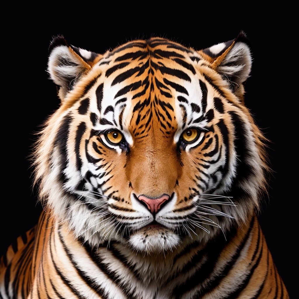 Create a captivating portrait of a powerful tiger, emphasizing its distinctive fur pattern, piercing eyes, and muscular build. Use cinematic lighting and an intense angle for a dramatic effect.