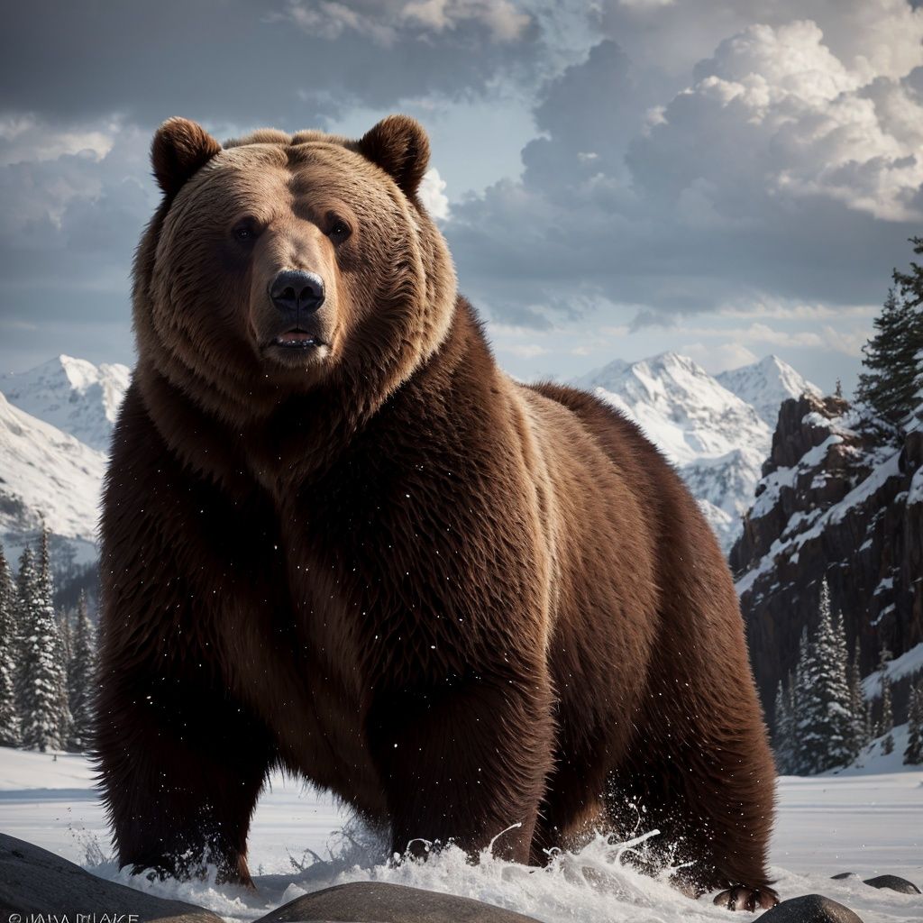 Portray the raw power and presence of a brown bear, focusing on its massive size, thick fur, and imposing claws. Use intense angles and dramatic lighting to emphasize the bear's ferocity and natural prowess.