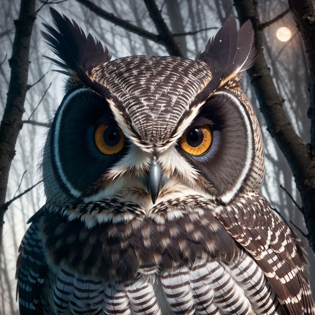 Capture the enigmatic nature of a nocturnal owl, focusing on its large, detailed eyes, distinctive facial features, and intricate feather patterns. Utilize a moonlit setting for added mystique.