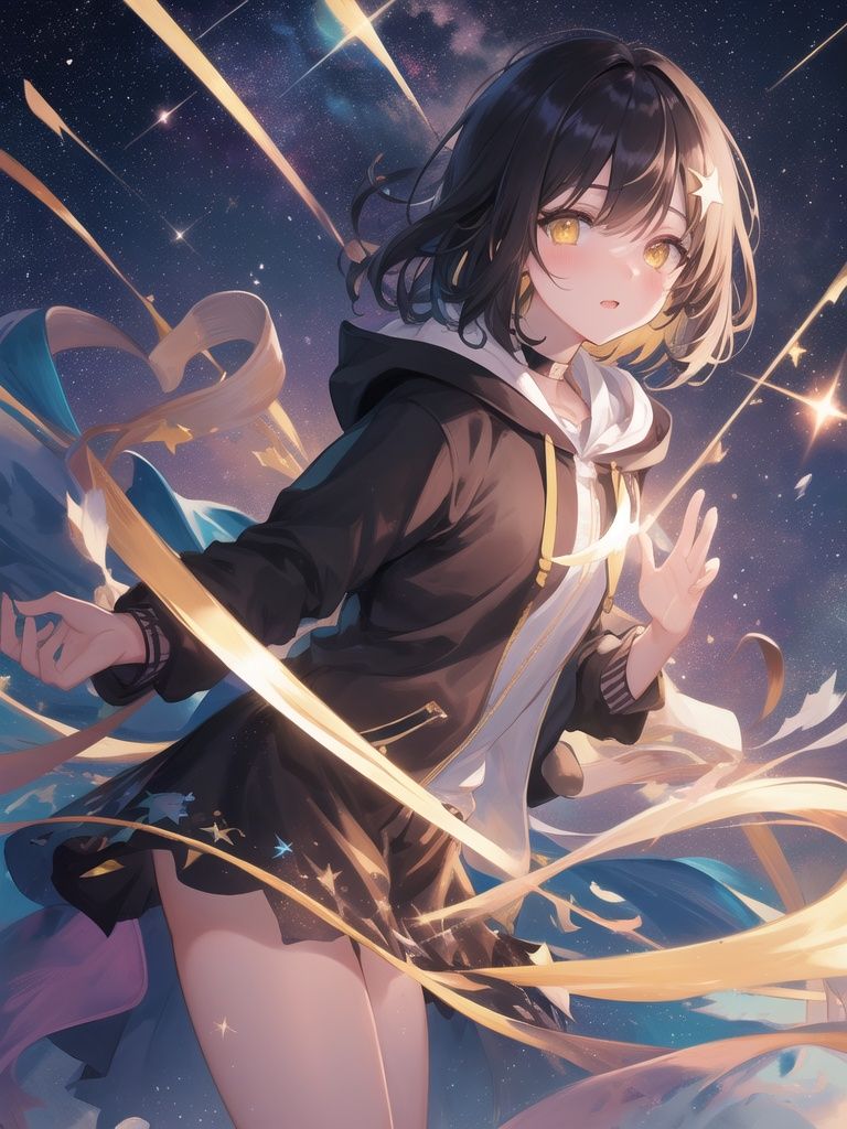 outline,(illustration), ((an extremely delicate and beautiful)),1girl/(megahoshi,dishevelled hair,Starry sky adorns hair,Yellow eyes,sparkling anime eyes,Lift a handbeautiful detailed eyes,Golden eyes,Black hair,Short hair,blck hoodie/),park,There was a meteorite in the sky hitting the spectators，beautiful detailed stars,,beautiful detailed sky, , cinematic lighting,