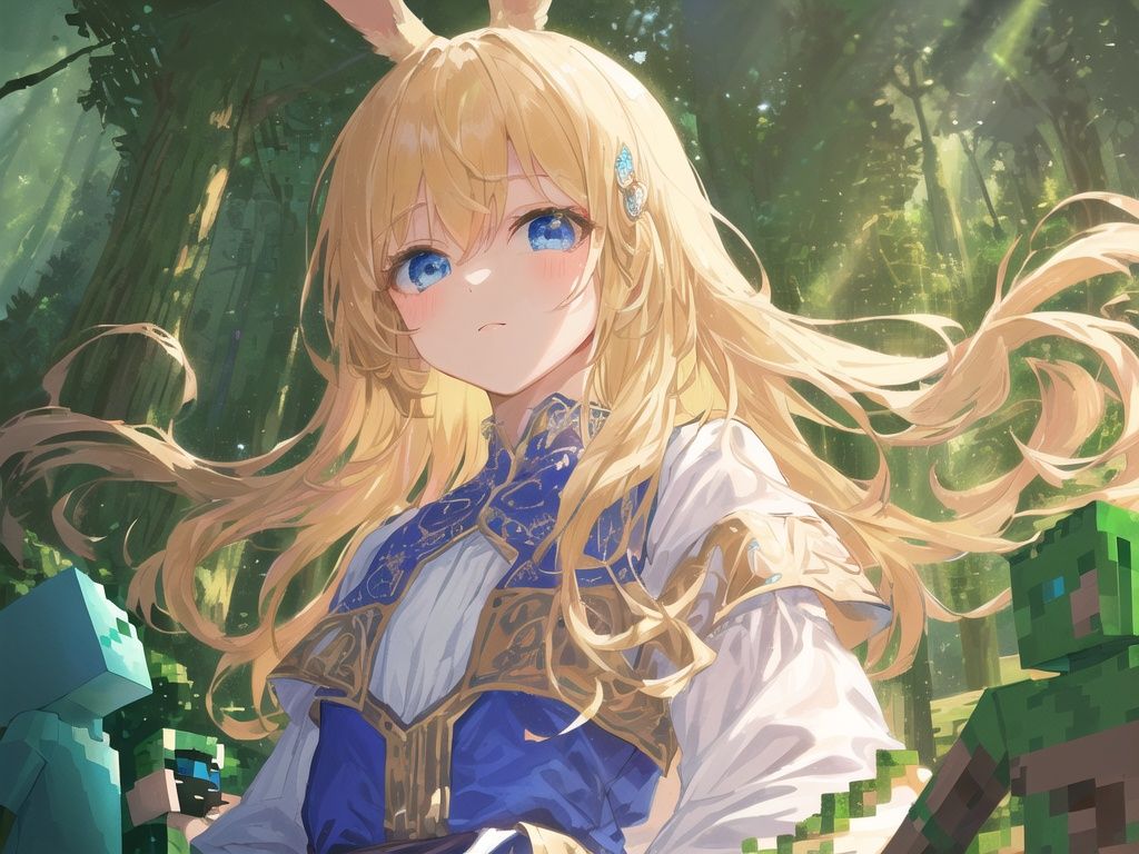 detailed and intricate,(originality), ((an extremely delicate and beautiful)),upper body,Normal human body structure,1 loli/(detailed cute anime face,,an extremely delicate and beautiful girl,blonde_hair,blue_eyes,small_breasts,Rabbit ear_decoration,long_hair,full dress,/)Accent Lighting,(nature to forest/(style of Minecraft/)),