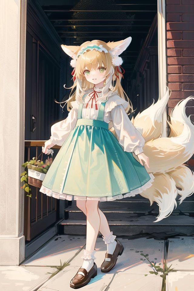 outline,young girl/((spring praise),,red ribbon,She,country dress,leather shoes,,white ankle socks,She,nine fox tails,white colored tips,She,country dress,white shirt,/)broken buildings,detailed background,evening glow,