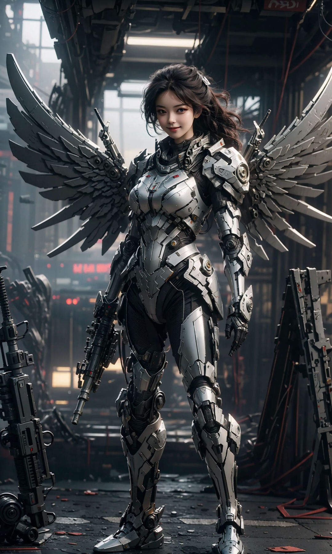 masterpiece,(bestquality),highlydetailed,ultra-detailed,1girl,(mechanicalwings:golden,glowingeyes:blue,silverarmor:1.2,elongatedears:0.8),(cyberpunkcity:1.5,weapon:energyblade),(fantasylandscape:1.2,natural lighting:1.5,confidentexpression),(panorama:1.2),mecha, smile,<lora:机甲少女:0.5>,angle,Angels, wings, <lora:天使V1:0.3>