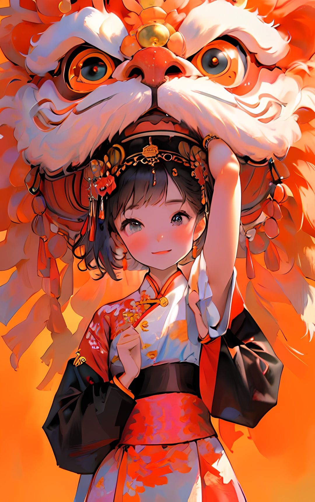 masterpiece,(best quality:1.3),1girl,<lora:LionDanceV1:0.7>,lion_dance,Flowers,