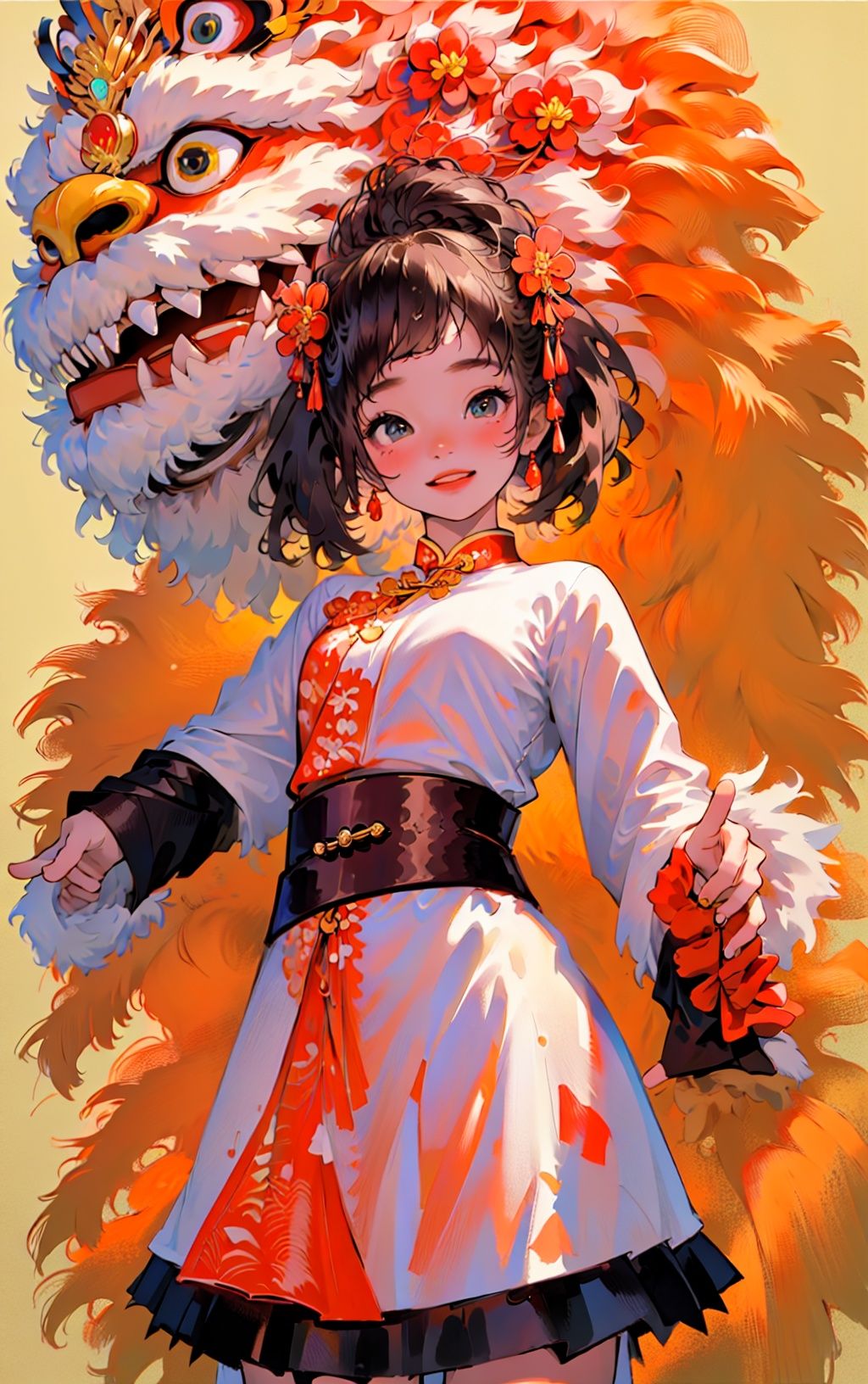 masterpiece,(best quality:1.3),1girl,<lora:LionDanceV1:0.7>,lion_dance,Flowers,(The background is forest:1.2),