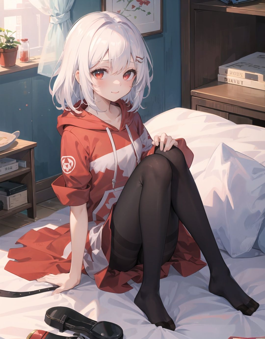 ((masterpiece)), ((best quality)), (ultra-detailed), (illustration), ((an extremely delicate and beautiful)),extremely detailed CG unity 8k wallpaper,close-up,(1girl),(solo),young girl,((loli)),(medium hair),(white_hair),(red_eyes),(black pantyhose:1.3),(oxblood red hoodie:1.3),(bottomless),facing viewer,seductive smile ,(huddle), ((clasp knees)),(sitting on bed),Bed,Gorgeous bed