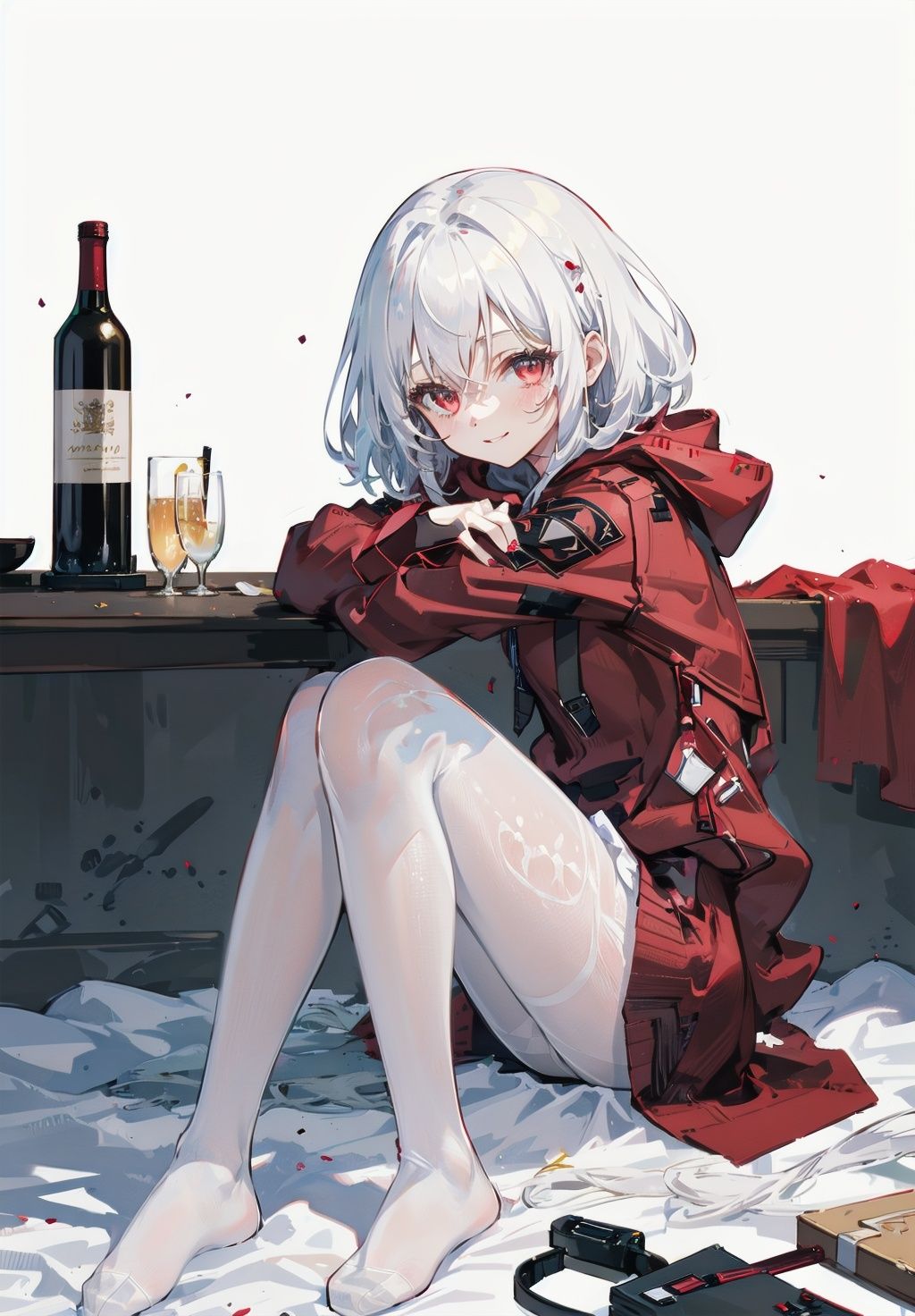 //[(white background:1.4)::5], (imid shot:0.95), (full body:1.25), Dynamic angle, [Bottle bottom],(official art),extremely delicate and beautiful,(by exquisite colors block),2d,(fantasy),depth of field,solo, a beautiful detailed girl, solo,//((masterpiece)), ((best quality)), (ultra-detailed), (illustration), ((an extremely delicate and beautiful)),extremely detailed CG unity 8k wallpaper,close-up,(1girl),(solo),young girl,((loli)),(medium hair),(white_hair),(red_eyes),(black pantyhose:1.3),(oxblood red hoodie:1.3),(bottomless),facing viewer,seductive smile ,(huddle), ((clasp knees)),(sitting on bed),Bed,Gorgeous bed <lora:secai1:0.4> <lora:sky:0.2> <lora:彩线-OneLastKiss:0.2>