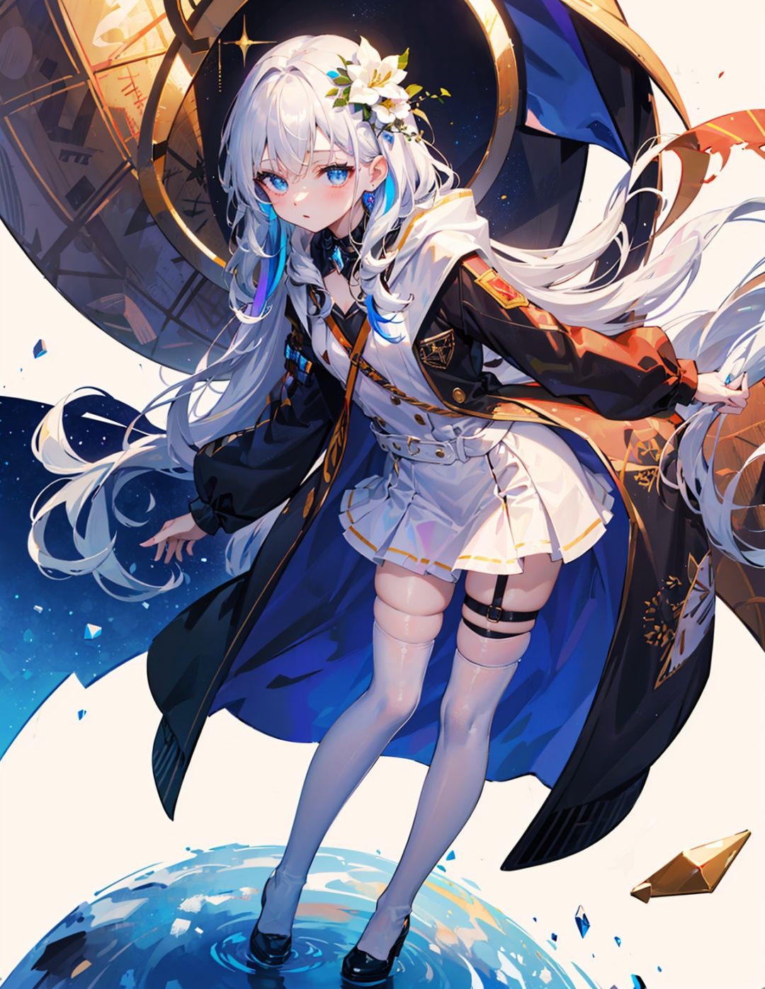 [(white background:1.4)::5], (imid shot:0.95), (full body:1.25), Dynamic angle, [Bottle bottom]，(official art),extremely delicate and beautiful,2d，(fantasy),depth of field,solo, a beautiful detailed girl, solo,full body,(masterpiece), ((best quality)), (ultra-detailed), (an extremely delicate and beautiful),extremely detailed CG unity 8k wallpaper,detailed background,(by exquisite colors block),depthoffield,(Medium shot),(1girl:1.4),(solo:1.2),young girl,(small breasts,platinum_hair,parted bangs,long hair),beautiful detailed eyes,(eyeshadow),(rainbow gradient eye:1.2),hair clip,(thigh strap),(hair flower),(collar),(white thighhighs:1.3),(skirt),(black hoodie:1.25),(thigh strap),(hair flower),(collar),Standing,(rainbow crystal:1.2),blue sky with clouds,beautiful detailed sky,ray tracing,reflection light,