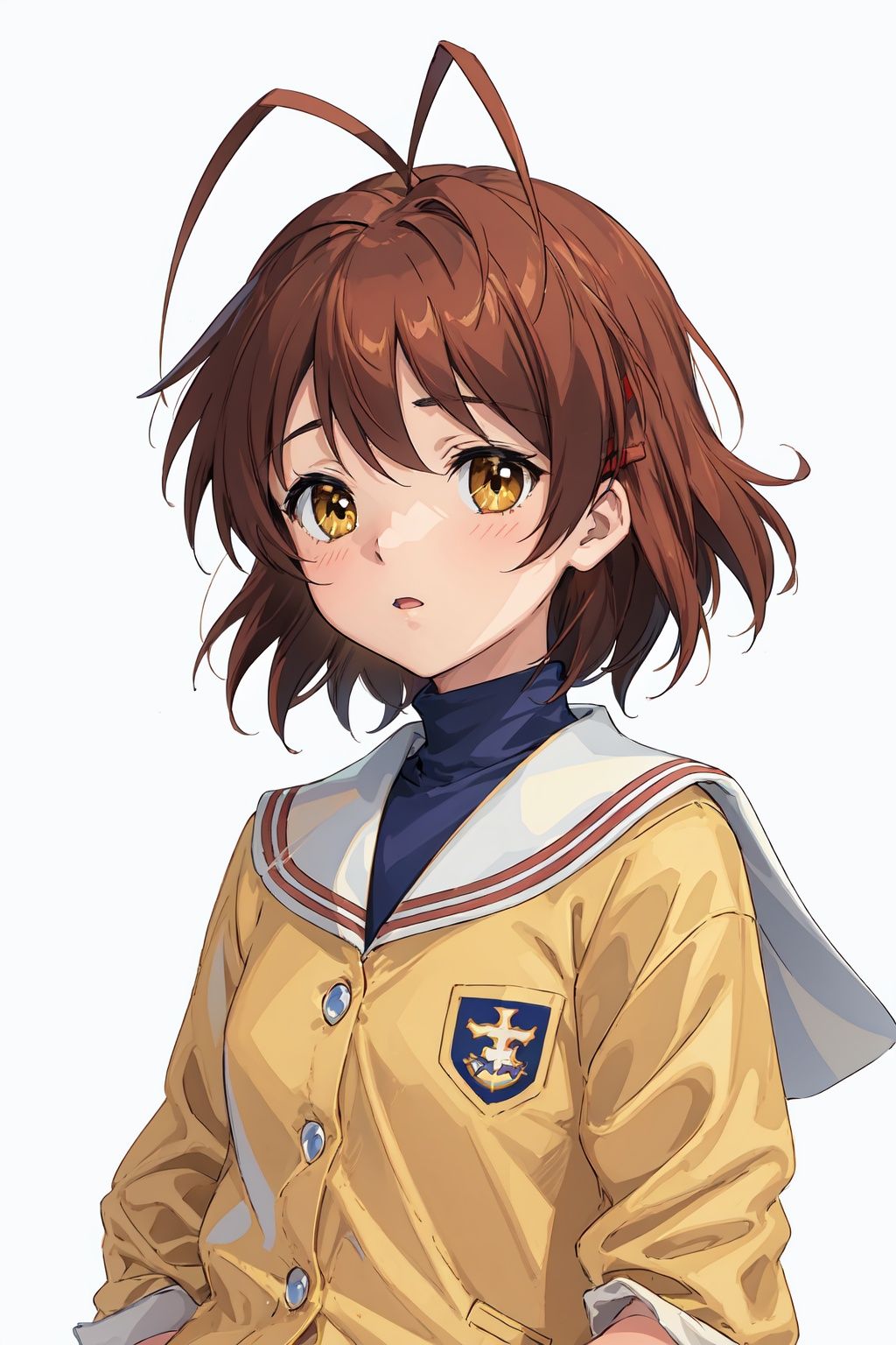 <lora:furukawa-nagisa_CLANNAD_v1:1>, furukawa_nagisa_clannad, upper body, portrait, from side, looking at viewer, :o, yellow jacket, autumn_school_uniform, white background