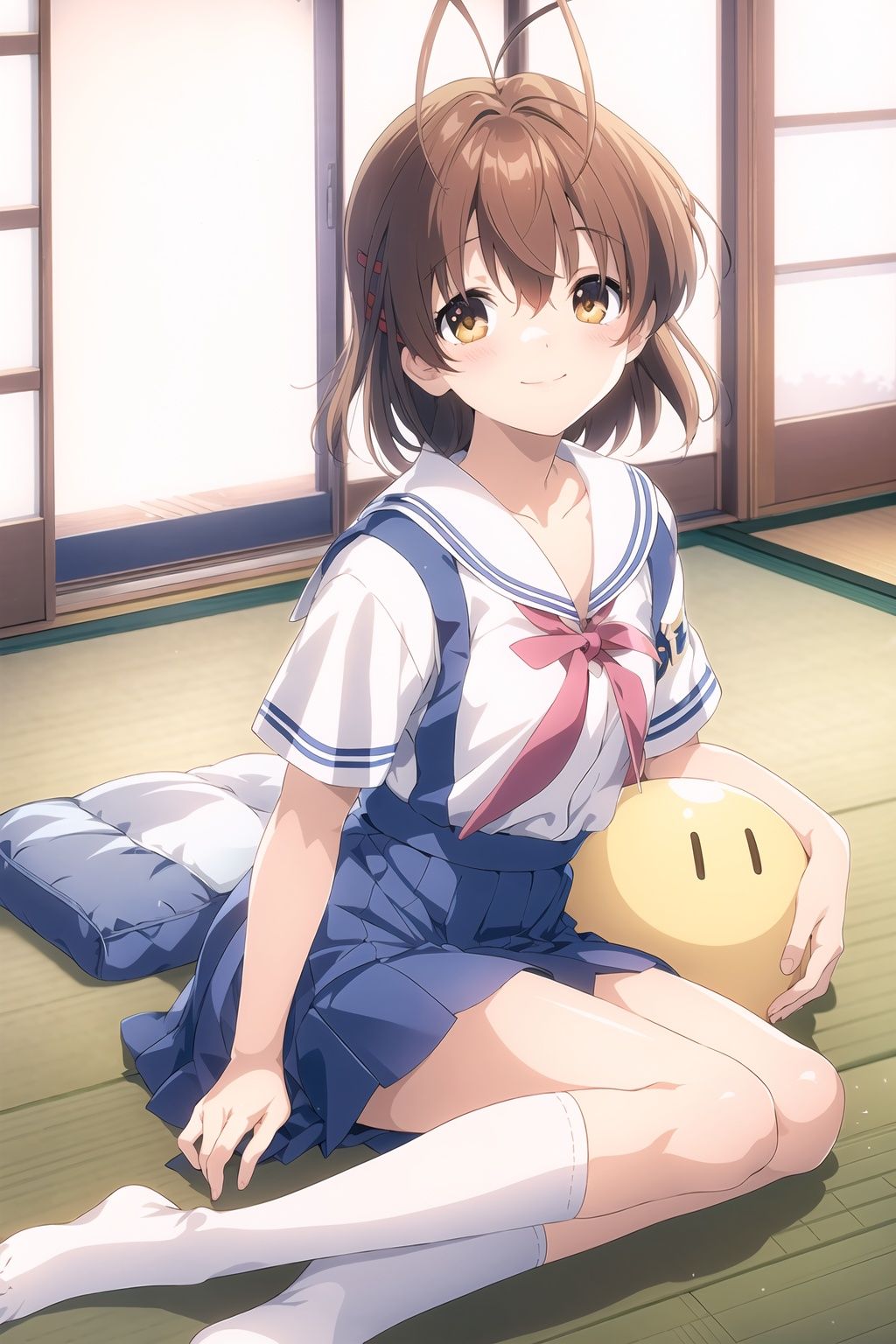 <lora:furukawa-nagisa_CLANNAD_v1:1>, furukawa_nagisa_clannad, sitting, (yokozuwari), upper body, from side, smile, white serafuku, suspender skirt, blue skirt, summer_school_uniform, white socks, no shoes, indoors, tatami, sliding doors, doll_dango