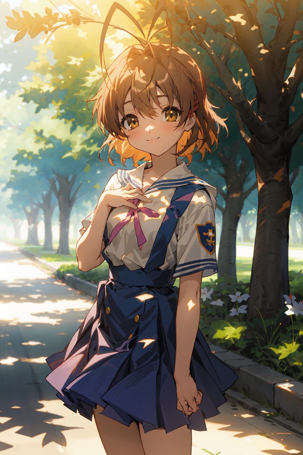 <lora:furukawa-nagisa_CLANNAD_v1:1>, furukawa_nagisa_clannad, cowboy shot, standing, looking at viewer, closed mouth, light smile, summer_school_uniform, hand on own chest, school, tree, dappled sunlight