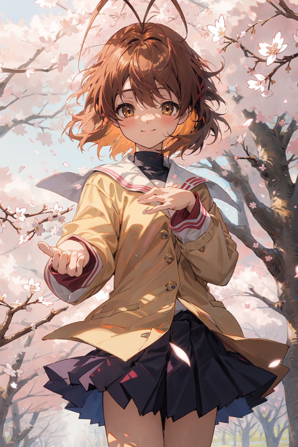 <lora:furukawa-nagisa_CLANNAD_v1:1>, furukawa_nagisa_clannad, cowboy shot, standing, looking at viewer, closed mouth, light smile, autumn_school_uniform, hand on own chest, outstretched hand, cherry blossoms