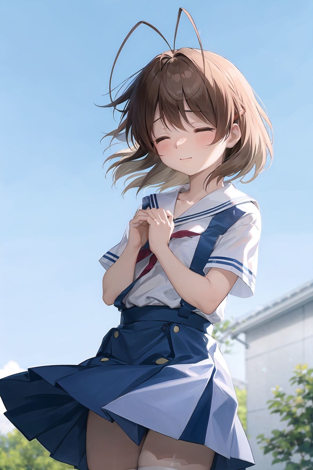 <lora:furukawa-nagisa_CLANNAD_v1:1>, furukawa_nagisa_clannad, upper body, looking at viewer, floating hair, closed eyes, serious, closed mouth, white serafuku, suspender skirt, blue skirt, summer_school_uniform, own hands together, own hands clasped, nature, blue sky, cloud, wind