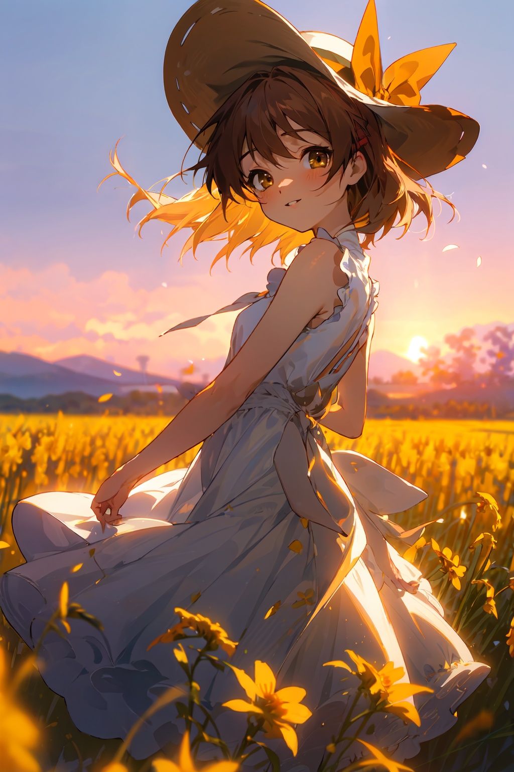 <lora:furukawa-nagisa_CLANNAD_v1:1>, furukawa_nagisa_clannad, cowboy shot, from behind, depth of field, dutch angle, looking at viewer, sun hat, white hat, hat bow, parted lips, smile, sundress, sleeveless dress, white dress, outdoors, sunset, cloud, sky, wind, mountainous horizon, flower field, rapeseed blossoms