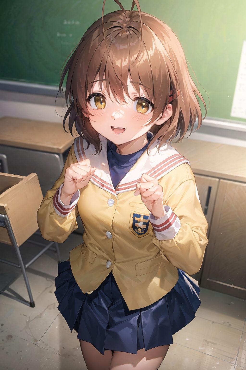 <lora:furukawa-nagisa_CLANNAD_v1:1>, furukawa_nagisa_clannad, upper body, from above, looking at viewer, :d, smile, yellow jacket, autumn_school_uniform, blue skirt, hands up, clenched hands, classroom