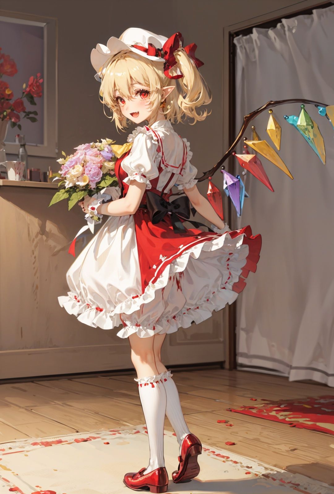 1girl, teddy bear, solo, stuffed toy, hat, flandre scarlet, stuffed animal, blonde hair, red eyes, wings, window, mob cap, smile, table, flower, standing, curtains, open mouth, bow, red footwear, indoors, looking at viewer, bangs, one side up, white headwear, bloomers, blood, short sleeves, crystal, frills, hair between eyes, holding, fang, full body, red ribbon, dress, ribbon, white socks, puffy sleeves, hat ribbon, socks, shoes, rose, blush, red vest, vase, puffy short sleeves, underwear, back bow, holding stuffed toy, floor, white bloomers, carpet, short hair, petticoat, wrist cuffs, yellow ascot, red dress, bowtie, skirt, :d, bouquet, vest, pointy ears <lora:evle:0.5>