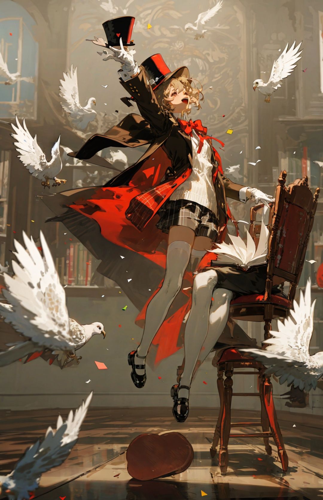 1girl,bird, hat, top hat, dove, cape, thighhighs, 1girl, holding, balloon, chair, cane, shoes, reflection, skirt, bowtie, long sleeves, standing, bow, holding cane, blonde hair, shorts, indoors, short hair, pigeon, black footwear, long hair, brown hair, clown, smile, white gloves, sitting, owl, jacket, white thighhighs, wand, instrument, red cape, animal, multiple girls, table, black headwear, red bow, black shorts, shirt, confetti, black jacket, solo, 2girls, arm up, pleated skirt, stool, 1boy, gloves, black cape, holding wand, black skirt, book, vest, full body, multiple others, red bowtie, profile, dress, red footwear, playing card, window, open mouth, card, bangs, heart, looking at viewer, plaid, mary janes, closed mouth<lora:evle:0.75>