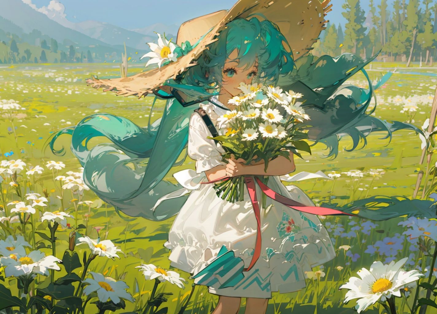 kahuka1, 1girl, flower, dress, solo, hat, white dress, long hair, bouquet, white flower, holding, outdoors, field, white headwear, flower field, holding bouquet, skirt hold, standing, sun hat, ribbon, holding flower, hatsune miku, bow, aqua hair,light,sunlight <lora:dream:1>