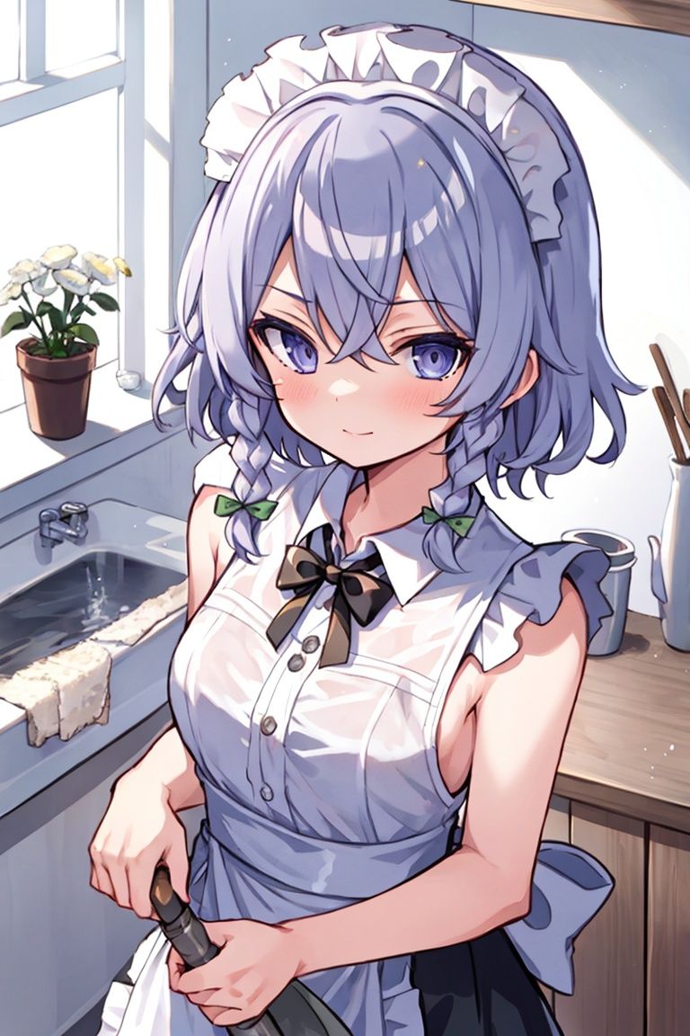 masterpiece, best quality,1girl, Izayoi Sakuya, inside,maid,standing,cleanning