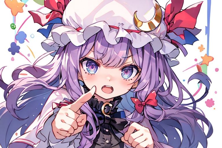 masterpiece, best quality,1girl, @_@, bangs, blunt_bangs, book, bow, cover, cover_page, crescent, crescent_hat_ornament, emphasis_lines, hair_ribbon, hat, hat_ornament, long_hair, mob_cap, o_o, open_mouth, patchouli_knowledge, pointing, pointing_at_viewer, ribbon, solo