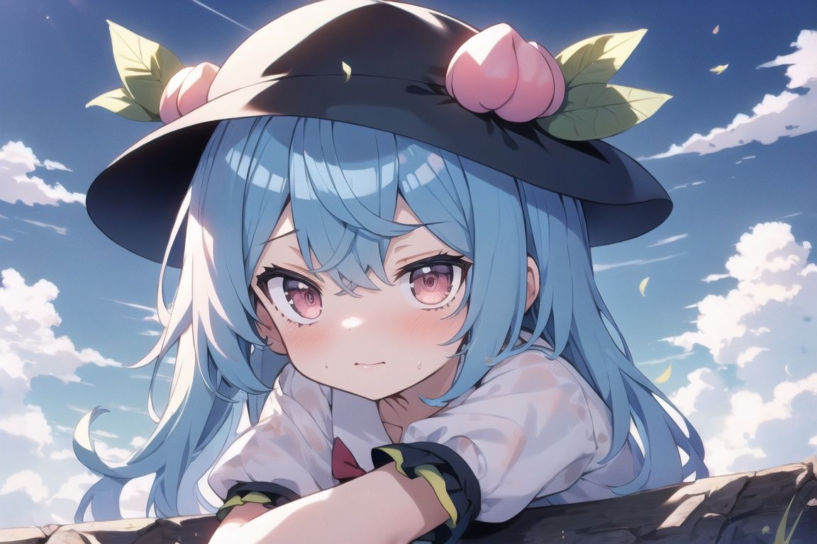 masterpiece, best quality,1girl, black_headwear, blue_hair, blue_sky, cloud, cloudy_sky, day, food, fruit, hat, hinanawi_tenshi, keystone, leaf, long_hair, looking_at_viewer, peach, puffy_sleeves, red_eyes, rock, rope, shimenawa, short_sleeves, sky, solo