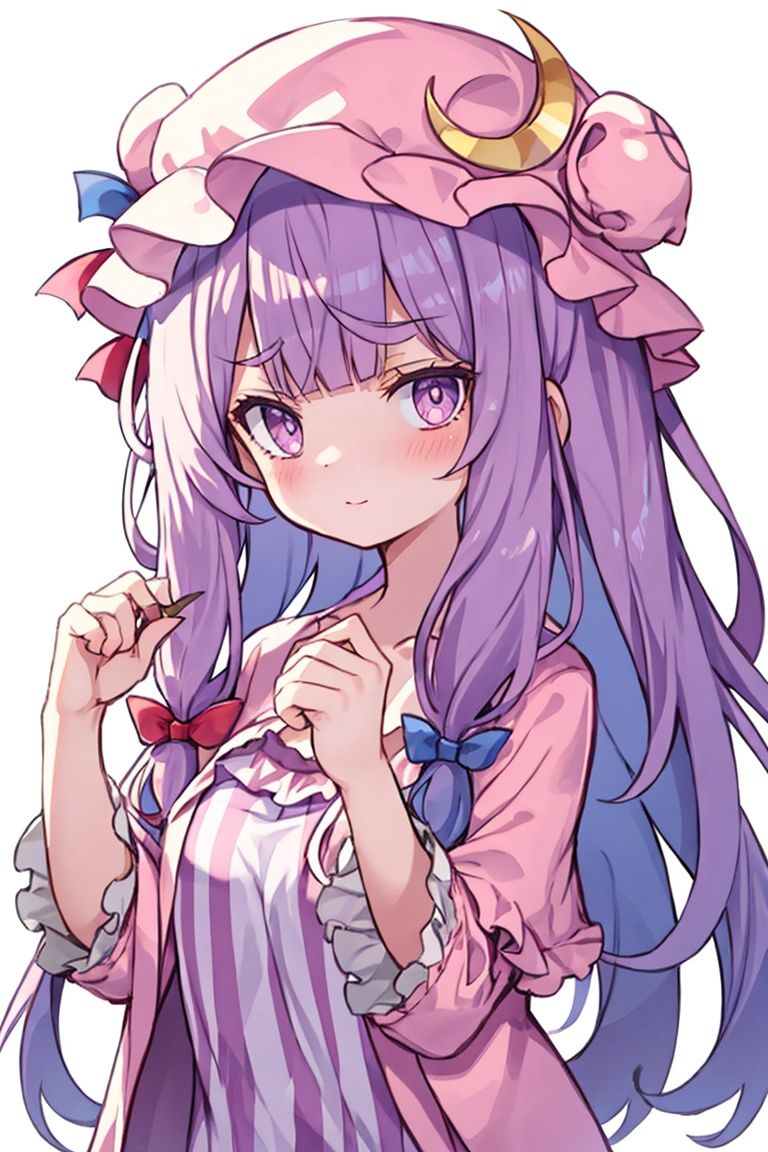 masterpiece, best quality,1girl, Patchouli Knowledge, inside, upper body, on hands,
