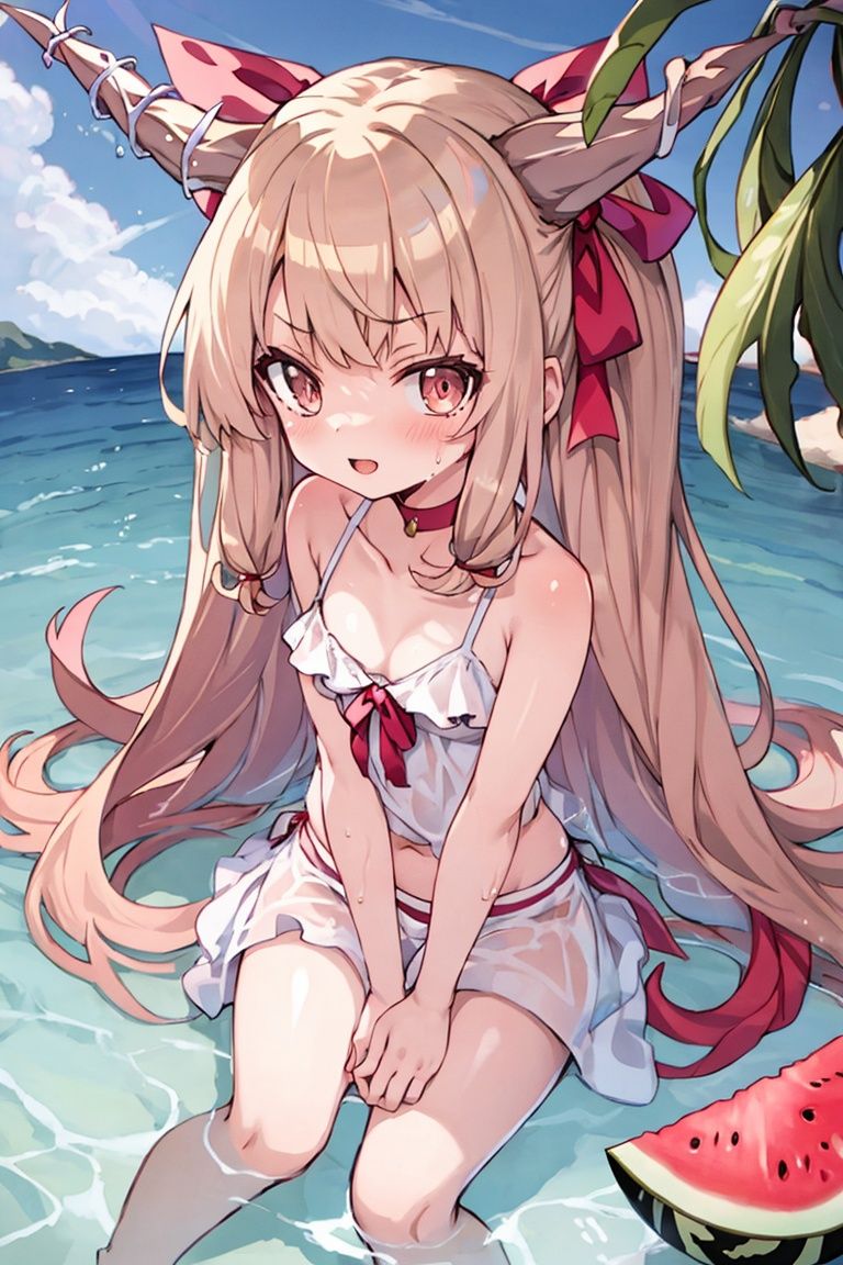 masterpiece, best quality,1girl, Ibuki Suika, outside, watermelon,sea,water,