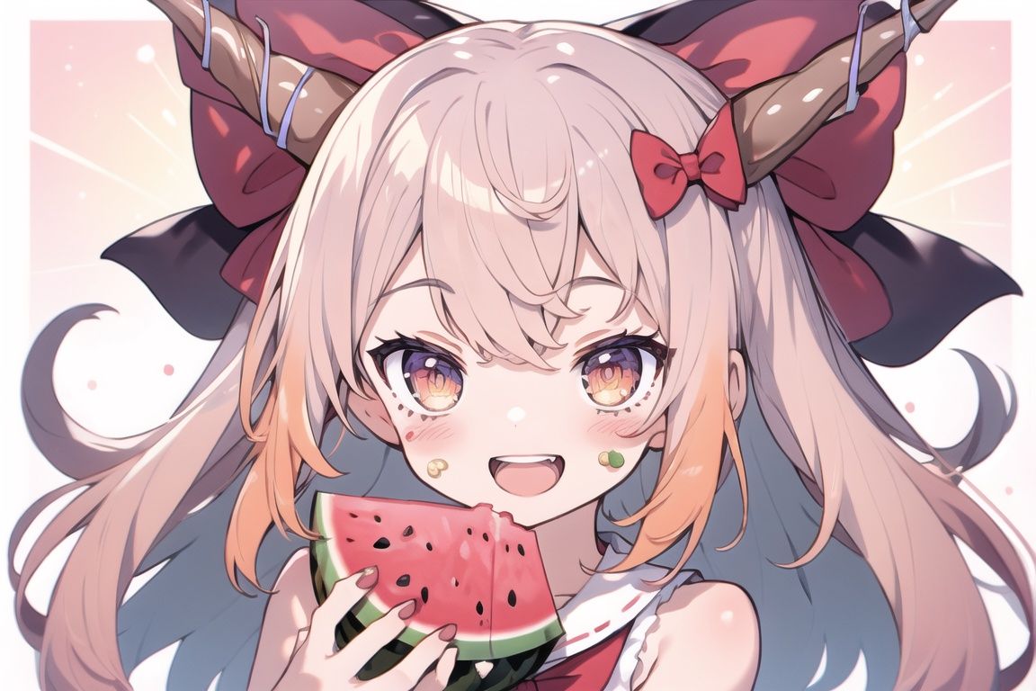 masterpiece, best quality,1girl, blush_stickers, bow, food, food_on_face, fruit, hair_bow, holding, holding_food, holding_fruit, horns, ibuki_suika, long_hair, open_mouth, orange_hair, shirt, sleeveless, sleeveless_shirt, smile, solo, watermelon