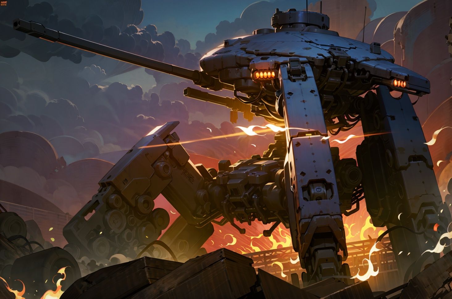 8k wallpaper, masterpiece,Cinematic Lighting, best quality,Illustration,detailed face depiction,dramatic angle,mecha \\\(flegs\\\), 1980s \(style\),broken,old,broken parts,dirty,dusk, robot, mecha, no humans, science fiction, (realistic:1.2), weapon,sunset,fire cloud,orange theme