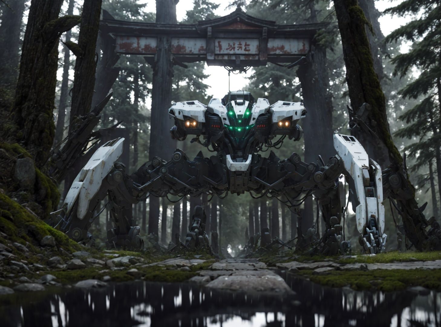 8k wallpaper, masterpiece,Cinematic Lighting, best quality,Illustration,detailed face depiction,dramatic angle, reflection, tree, nature, scenery, forest, outdoors, robot, grass, moss, water, ruins,torii, 