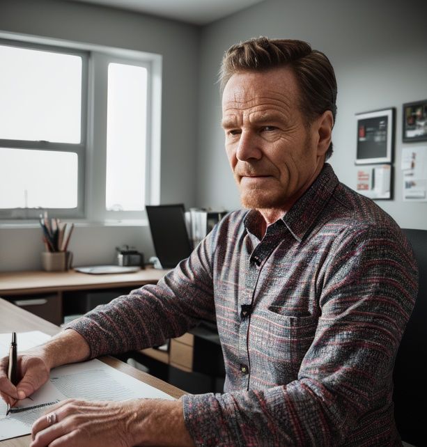 A perfect photo of a man,bryancranston,age up, plaid shirt, paisley tie, portrait stock photo middle-aged man in cluttered office, basement office, sitting at desk, (masterpiece:1.2) (photorealistic:1.2) (bokeh) (best quality) (detailed skin) (intricate) (8k) (HDR) (cinematic lighting) (sharp focus) (Clutter-Home:1.2)  <lora:bryancranston:0.9>