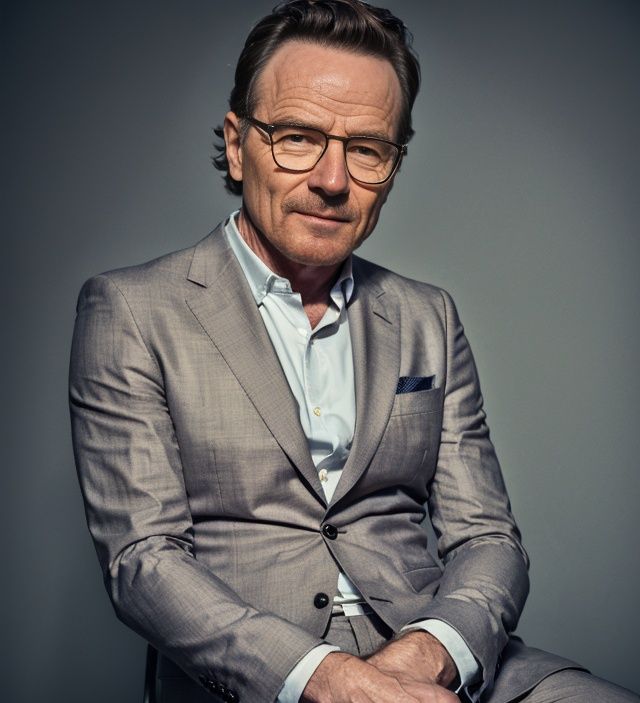 (A medium photo of  bryan cranston,age up,old,grey hair),wearing(brown suit,glasses),crossed legs,grey background, (masterpiece:1.2) (photorealistic:1.2) (bokeh) (best quality) (detailed skin) (intricate) (8k) (HDR) (cinematic lighting) (sharp focus) (Clutter-Home:1.2),<lora:bryancranston:0.9>