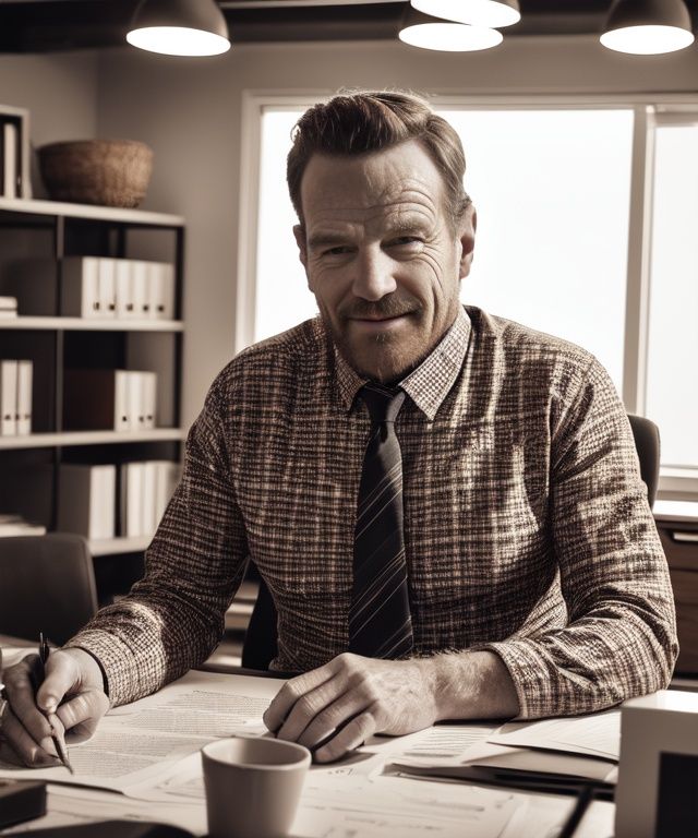 A perfect photo of a man,bryancranston,age up, plaid shirt, paisley tie, portrait stock photo middle-aged man in cluttered office, basement office, sitting at desk, (masterpiece:1.2) (photorealistic:1.2) (bokeh) (best quality) (detailed skin) (intricate) (8k) (HDR) (cinematic lighting) (sharp focus) (Clutter-Home:1.2)  <lora:bryancranston:0.9>
