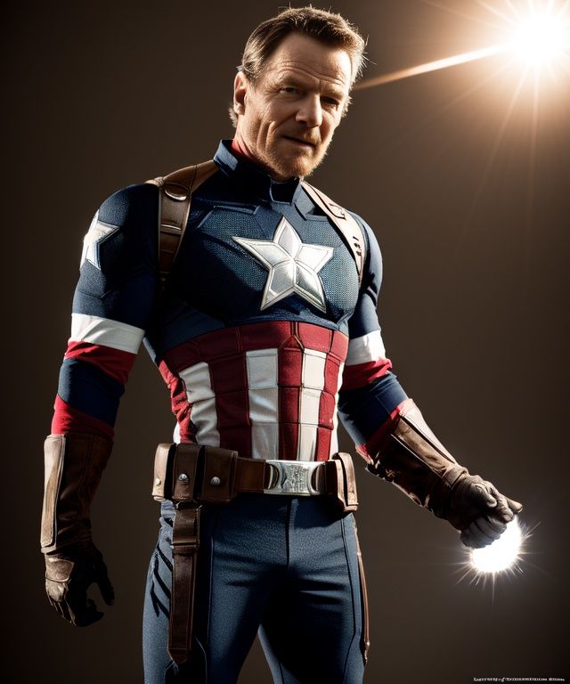 modelshoot style, muscular,bryancranston dressed as Captain America,no helmet,intricate details, lens flare, intricate detailed face, 4k, 8k, hdr  <lora:bryancranston:1>