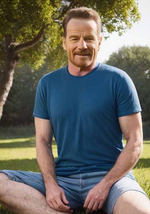 (realistic:1.2),masterpiece, best quality,RAW portrait photo of bryancranston,wearing(blue t-shirt),1boy,sitting under tree,grass,8k,HUD<lora:bryancranston:1>