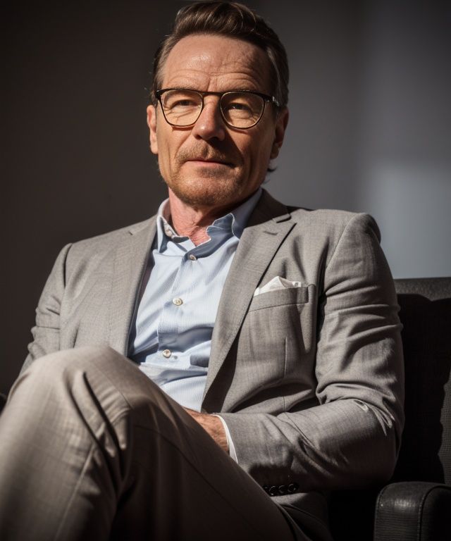 (A medium photo of  bryan cranston,age up,old,grey hair),wearing(brown suit,glasses),crossed legs,grey background, (masterpiece:1.2) (photorealistic:1.2) (bokeh) (best quality) (detailed skin) (intricate) (8k) (HDR) (cinematic lighting) (sharp focus) (Clutter-Home:1.2),<lora:bryancranston:0.9>